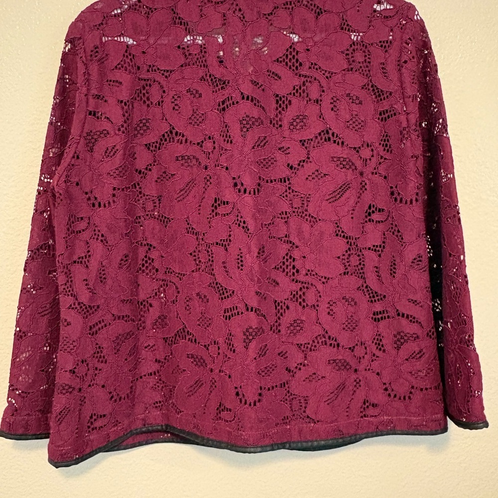 Joan Rivers Floral Lace Jacket Burgundy Plum Open Front Dressy Evening Size 16 - Picture 6 of 7